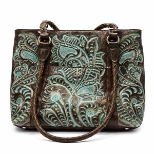 Patricia Nash Granada Tooled Leather Tote Hand Painted Turquoise Braided Straps